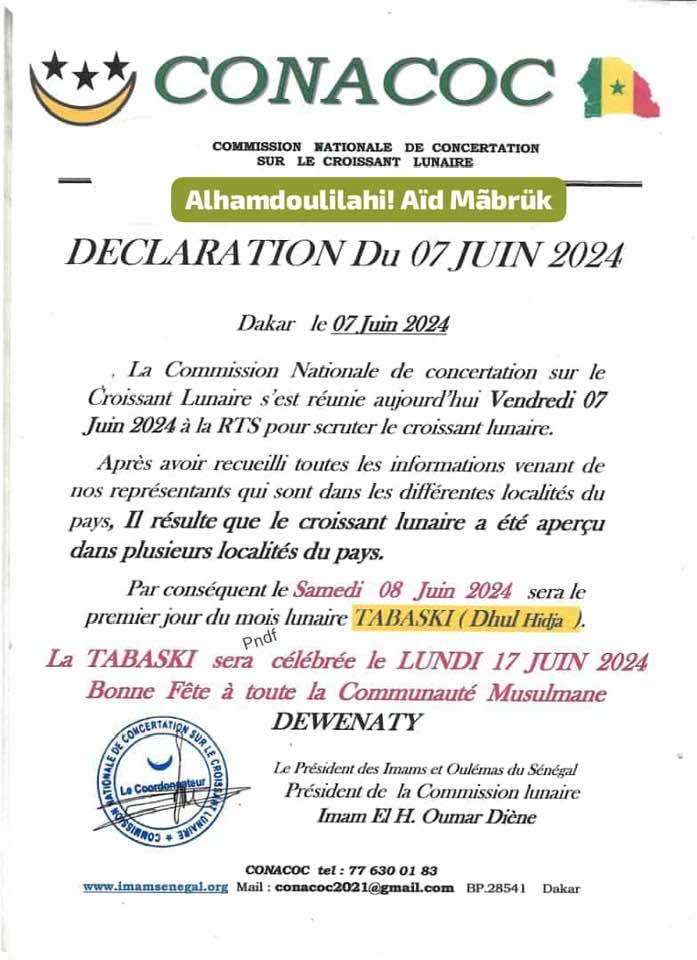 Sénégal/Tabaski 2024:La date du lundi 17 juin est retenue pour la  célébration de la fête musulmane.