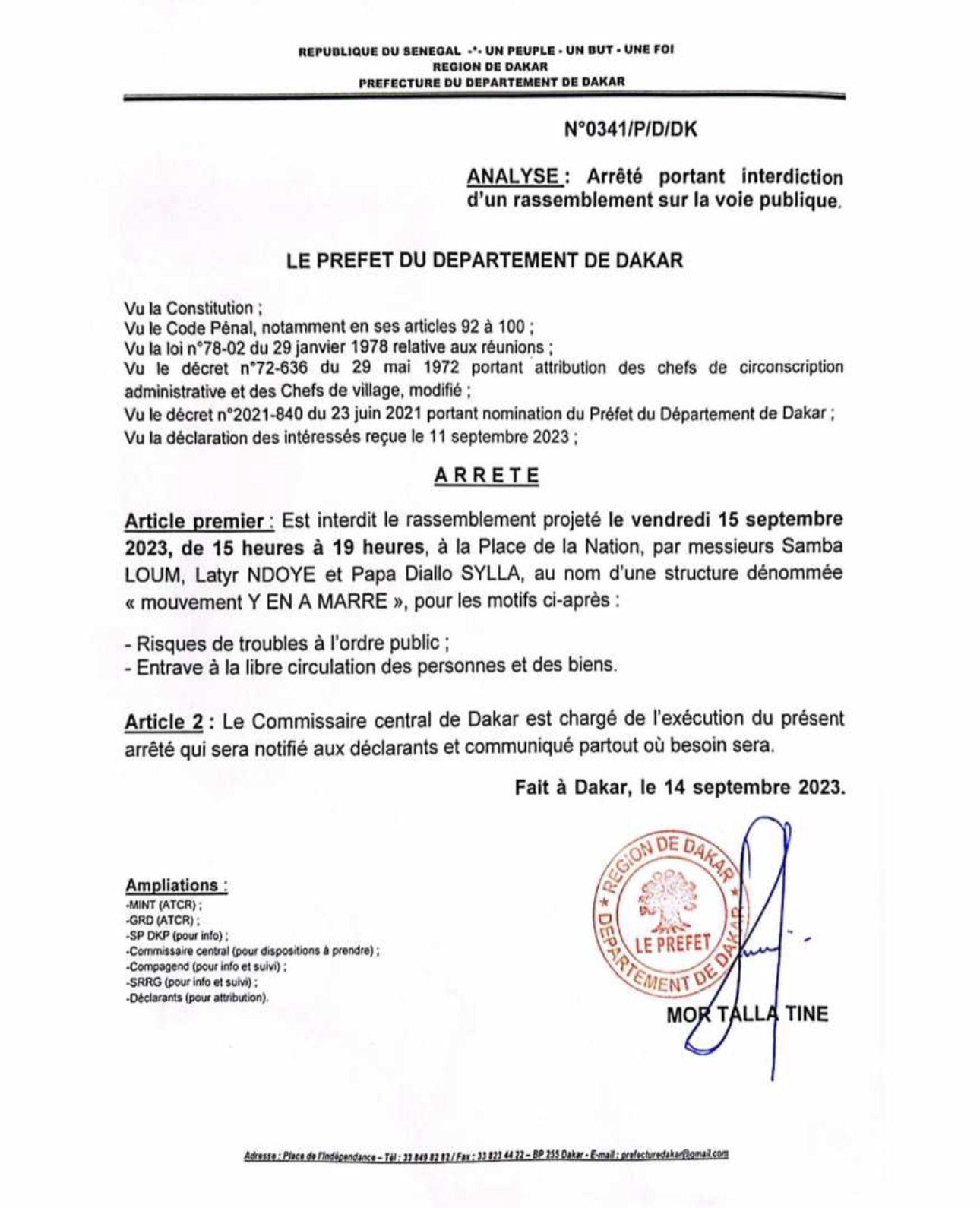 Le préfet de Dakar interdit le rassemblement de l’opposition prévu  ce vendredi 15 septembre 2023